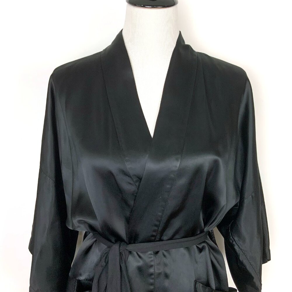 Vintage Longevity Black Satin Rayon Hand Embroidered Kimono Robe Sz M - Picture 10 of 16